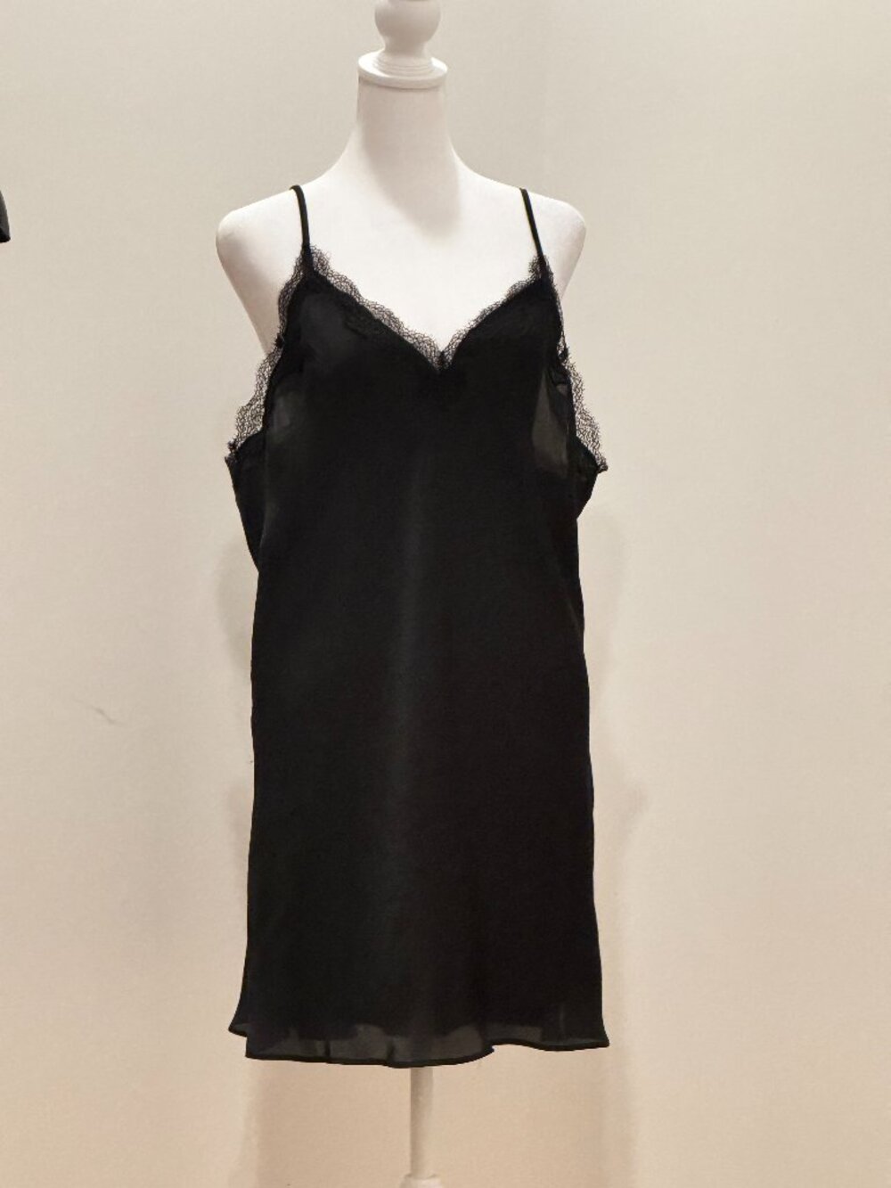 Victoria's Secret Black Satin Lace Trim Chemise Slip Dress Large EUC - Picture 1 of 10